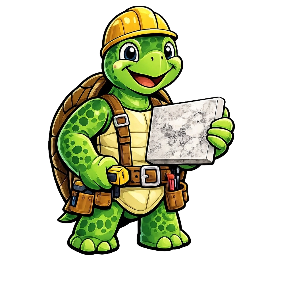 Salty Hands turtle mascot holding a quartz countertop sample